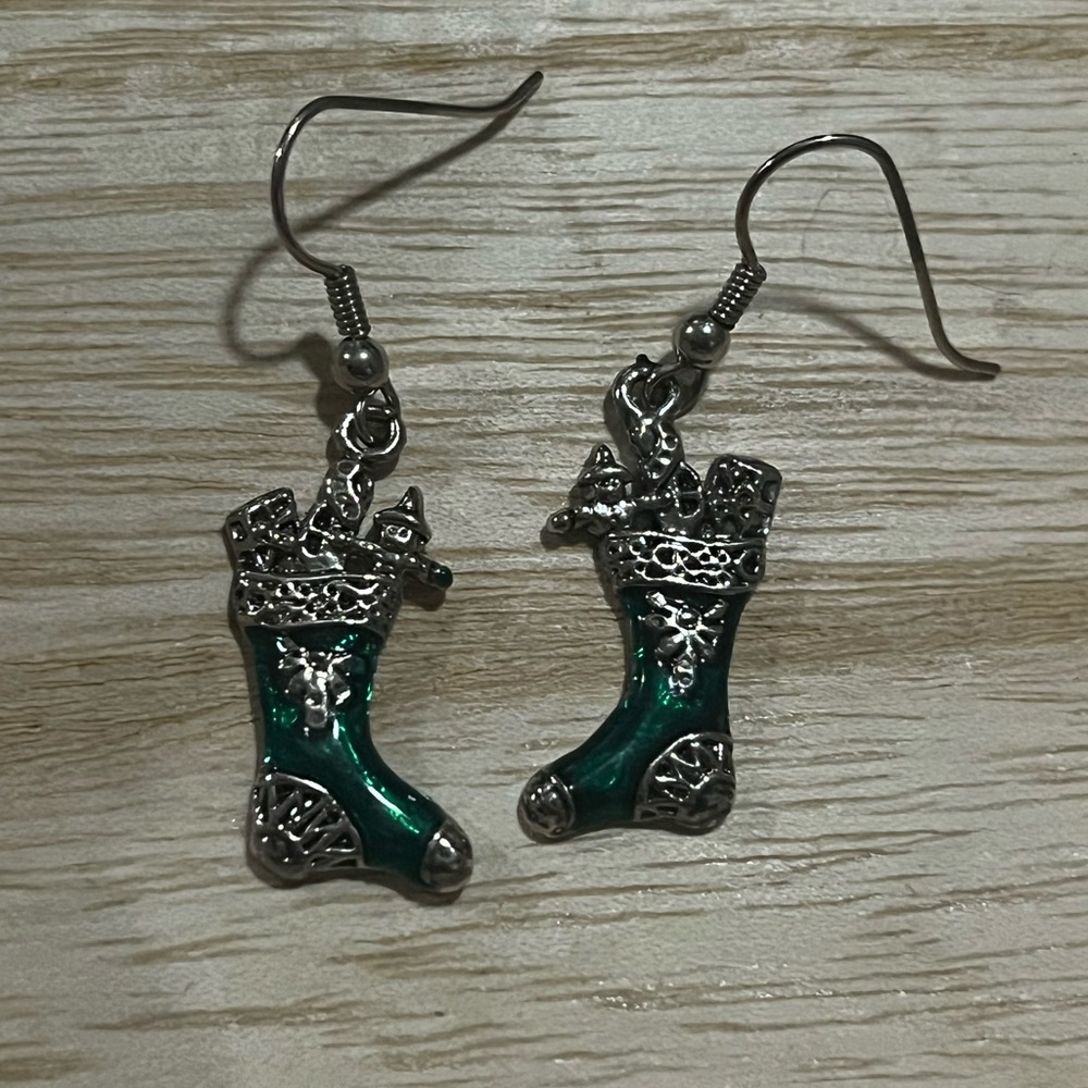 Green Enamel Holiday Stocking Earrings